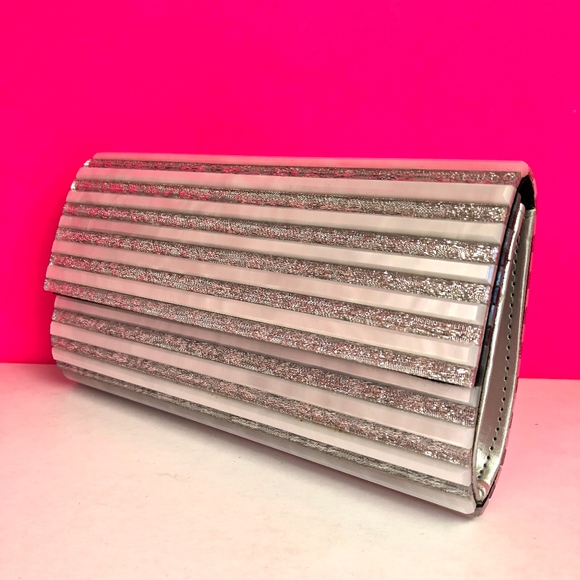 bebe Handbags - Silver Acrylic Metallic Ribbed Clutch Shoulder Bag